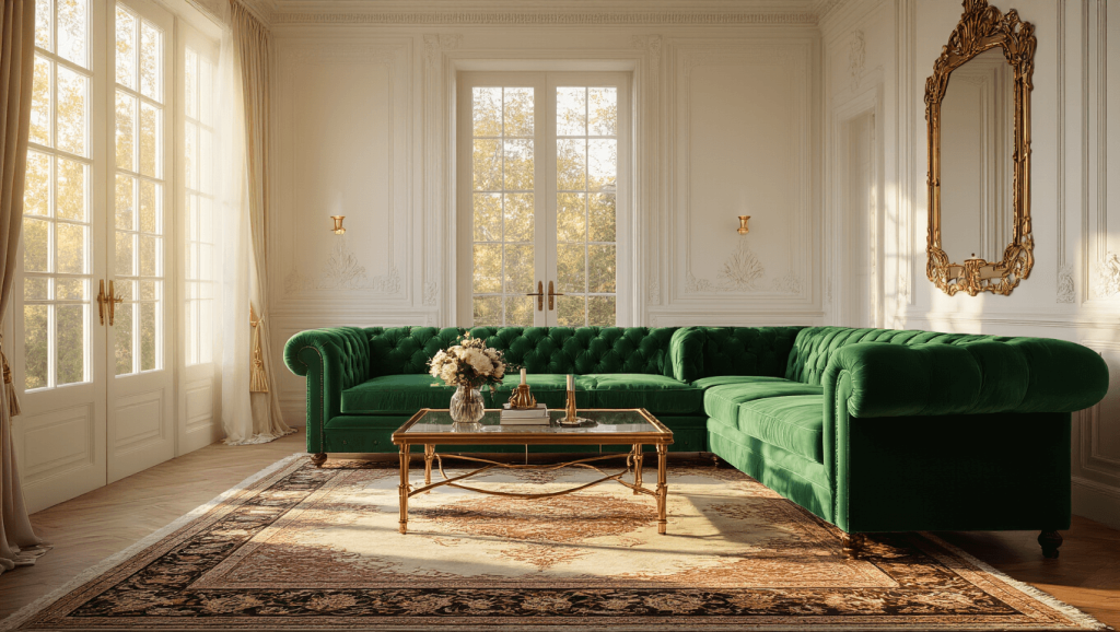 "Vintage living room with emerald green Chesterfield sofa, Persian rug, brass coffee table, and ivory walls with crown molding in golden hour sunlight"