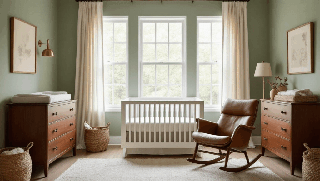 "Serene nursery with sage green walls, white crib, vintage mahogany dresser, cognac leather rocker, linen curtains, soft natural light and decorative elements."