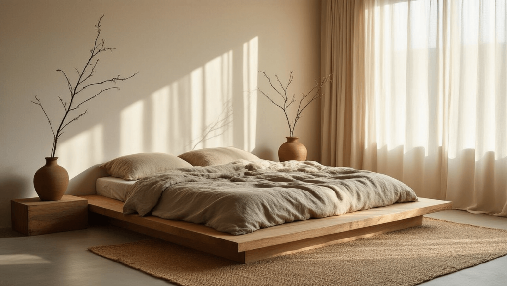 "Serenely decorated bedroom featuring low wooden platform bed with wrinkled linen bedding, sheer curtains filtering morning sunlight, and minimal decor including ceramic vases and jute rug"