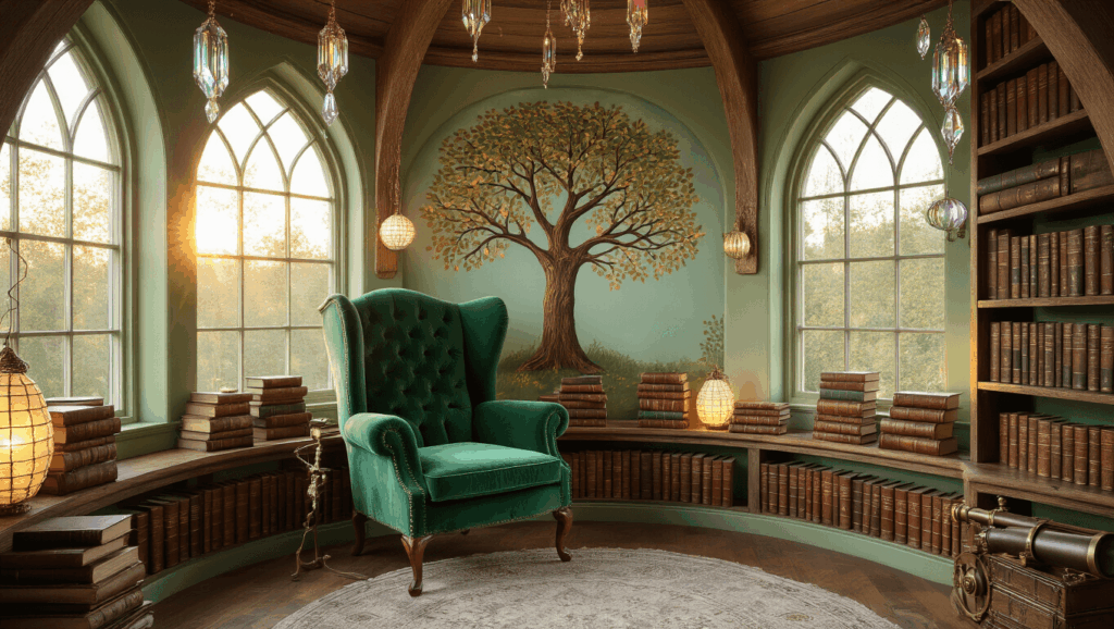 "Dreamy Victorian turret reading nook with plush velvet chair, hand-painted tree mural, vintage books, and magical elements at golden hour"