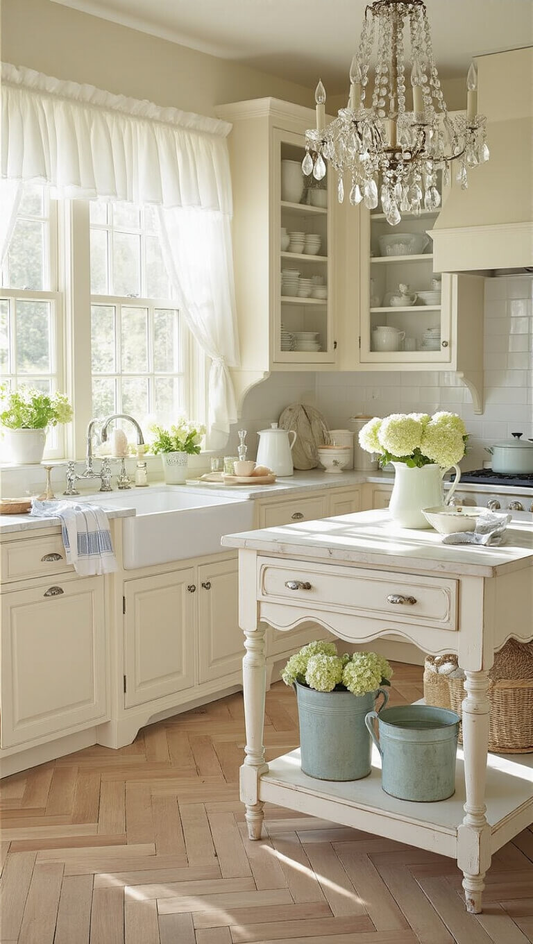 Sunlit shabby chic farmhouse kitchen with distressed cream cabinets, vintage chandelier, marble island, and pastel decor in soft morning light.