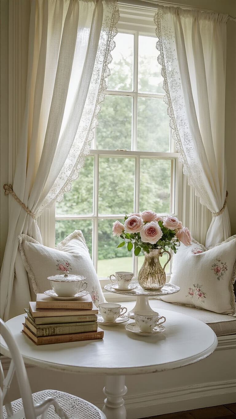 Cozy afternoon tea nook with vintage cookbooks, milk glass cake stand, English roses in mercury vase, and soft floral cushions on a built-in window seat under lace café curtains.
