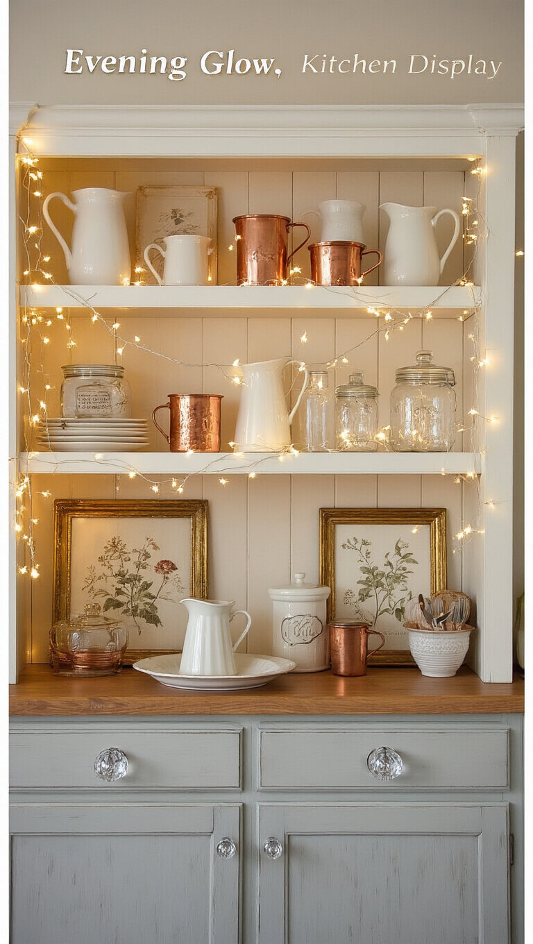 Cozy kitchen at dusk with twinkle lights woven through vintage decor on distressed white shelves, featuring copper cookware, ironstone, and gilded botanical prints above soft gray cabinets with crystal knobs.
