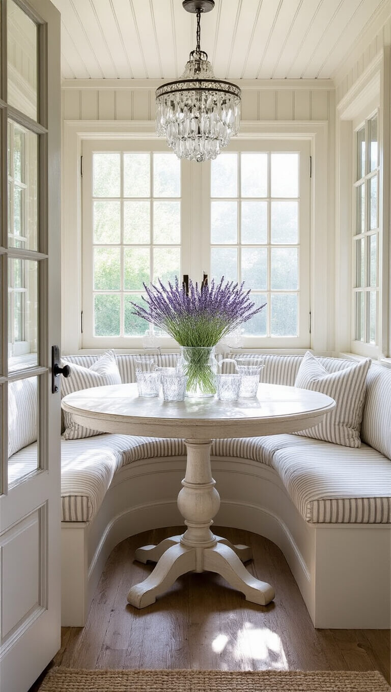 Cozy breakfast nook with curved ticking stripe banquette, round pedestal table topped with lavender in milk glass vases, and crystal pendant light casting shadows on beadboard ceiling.