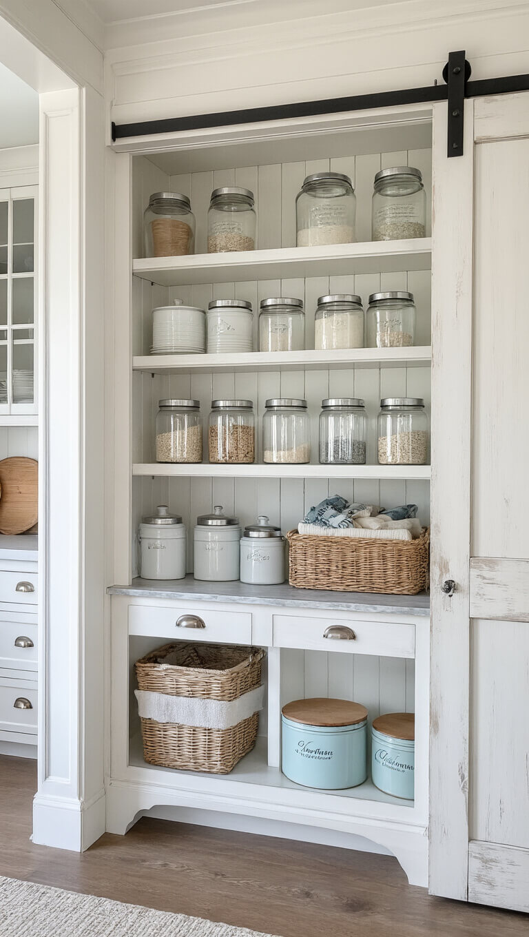Detail view of a neatly organized butler's pantry with distressed white open shelving, glass canisters, vintage bread boxes, and a sliding barn door with frosted glass panels, lit to emphasize textures.