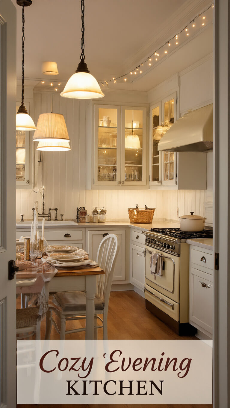 Warmly lit vintage-style kitchen at dusk with cream enamel appliances, string lights above glass cabinets, and soft pendant lighting over a 15x20ft space, viewed from the dining room entrance.