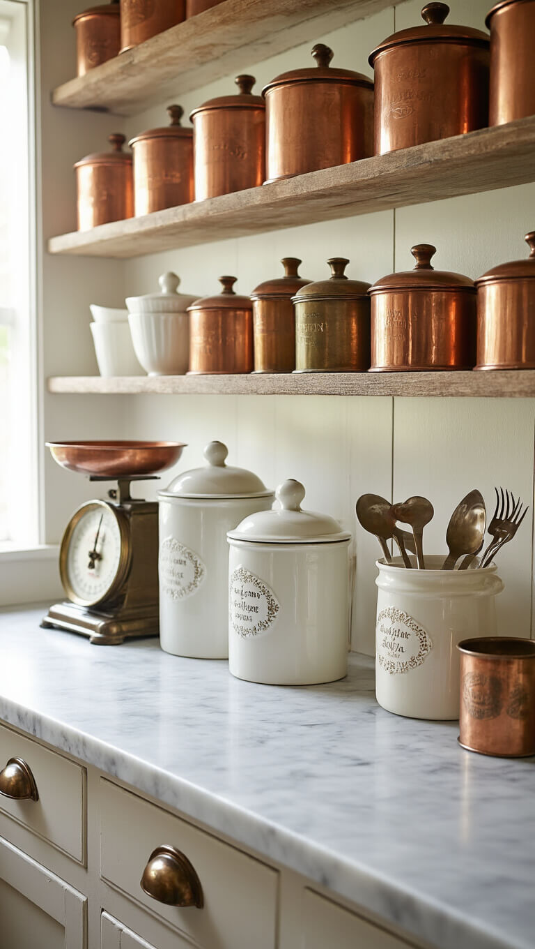 Close-up of a marble baking station with white ceramic canisters, vintage scale, and milk glass cups beneath hanging copper molds and cake tins.