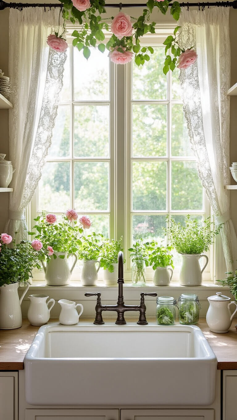 Farmhouse sink beneath a large window framed by climbing roses, with morning light filtering through lace curtains; open shelves hold ironstone pitchers and mason jars of fresh herbs.