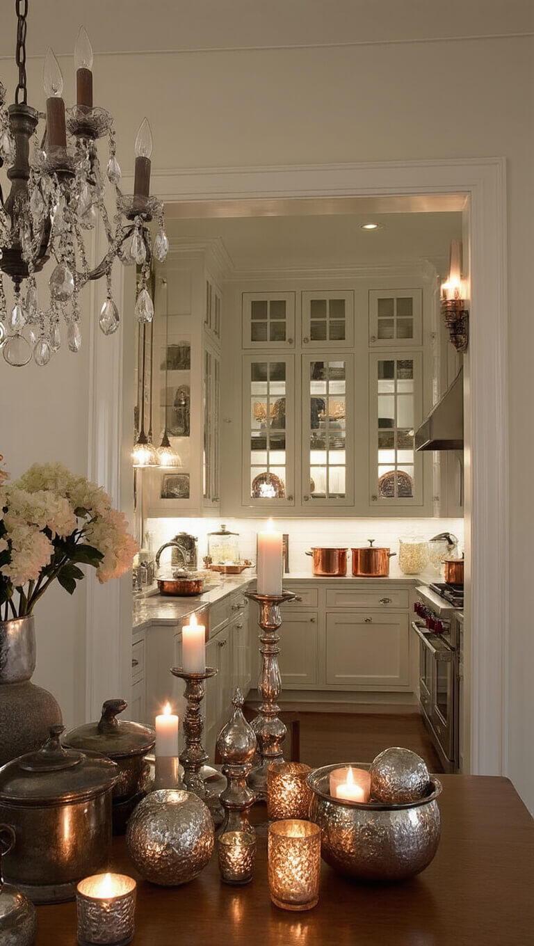Moody candlelit kitchen with glowing sconces, mercury glass votives, copper pots, and warm-lit glass cabinets in a cozy 12x18ft space.