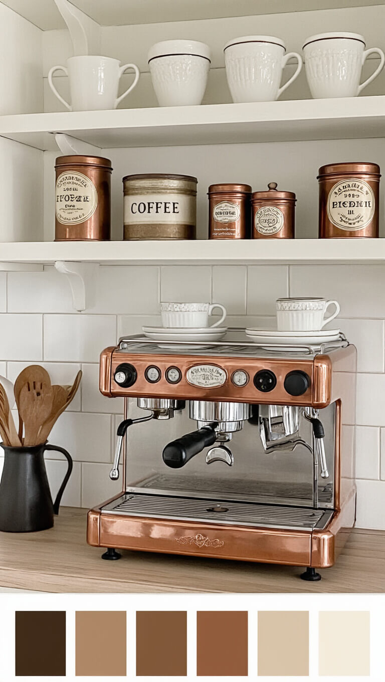 Vintage-inspired coffee nook with copper espresso machine, floating shelves holding white cups and old coffee tins, lit by soft morning light.