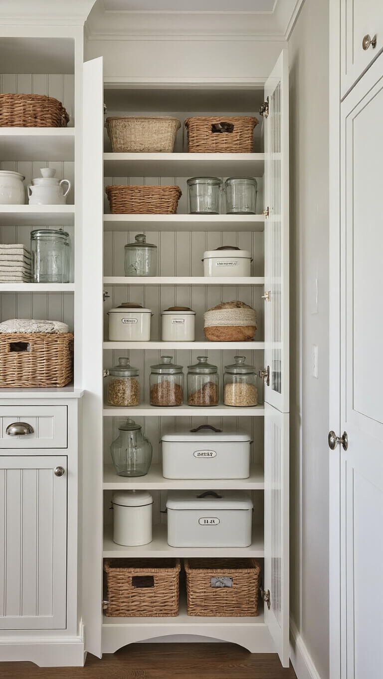 Floor-to-ceiling white pantry wall with open shelves and cabinets featuring glass knobs, beadboard inserts, vintage bread boxes, enamelware, and labeled glass jars in a pale gray and antique glass color scheme.