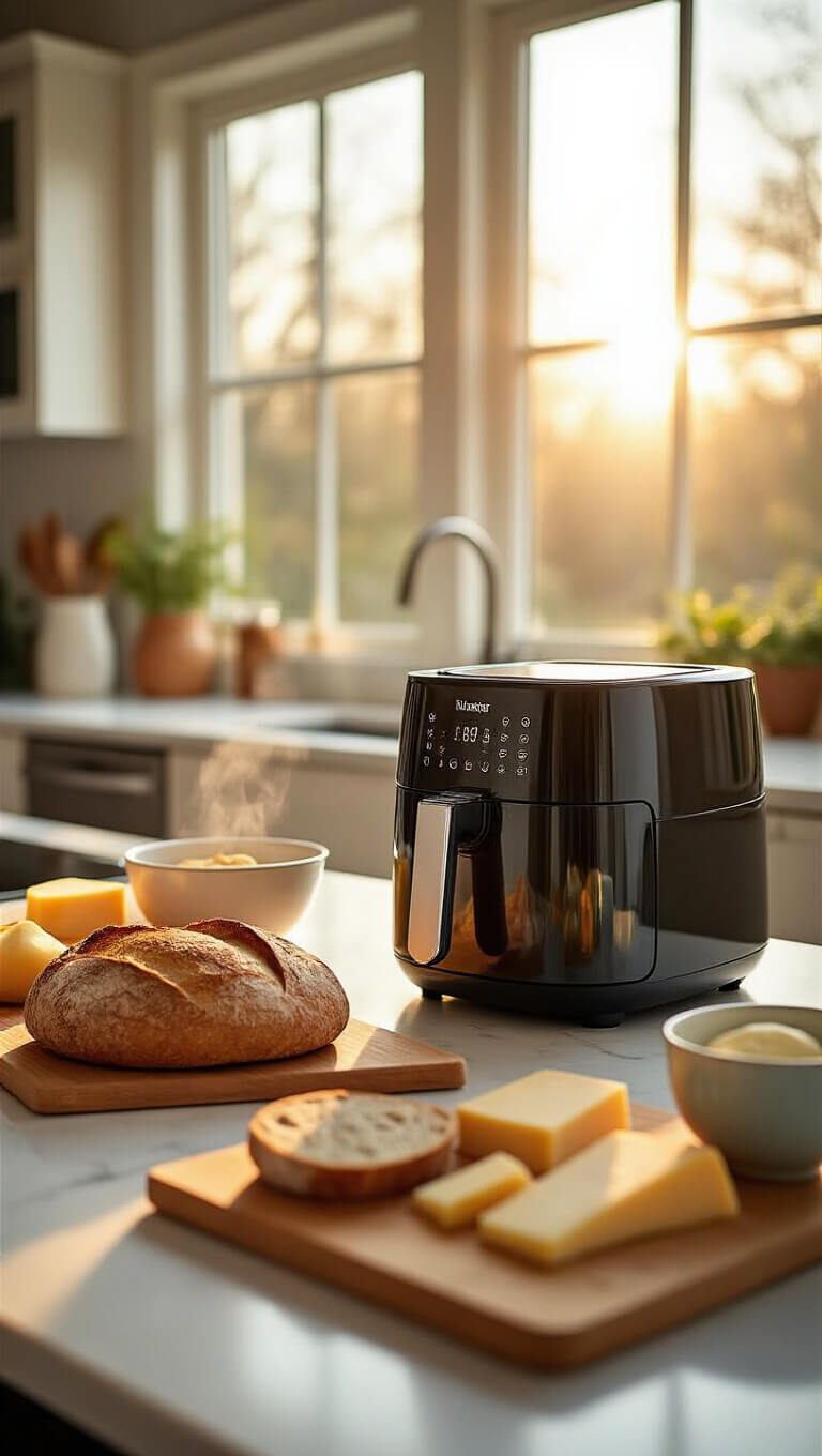 Modern kitchen at golden hour with sunlight highlighting an air fryer on white quartz countertop, artisanal bread and cheese on bamboo board, and steaming vintage soup bowl in soft focus.
