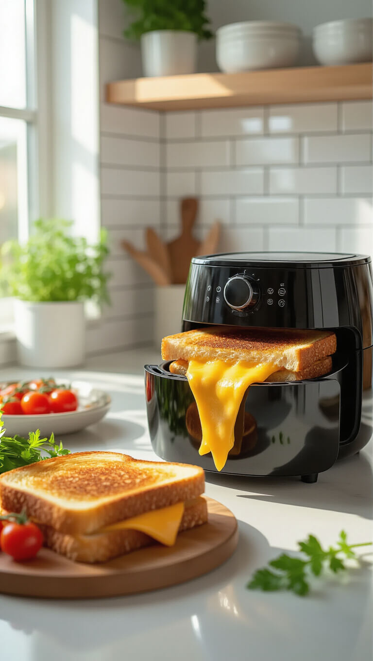 Golden-brown grilled cheese with melted cheese pull emerging from black air fryer basket in bright kitchen nook, garnished with fresh herbs and cherry tomatoes.
