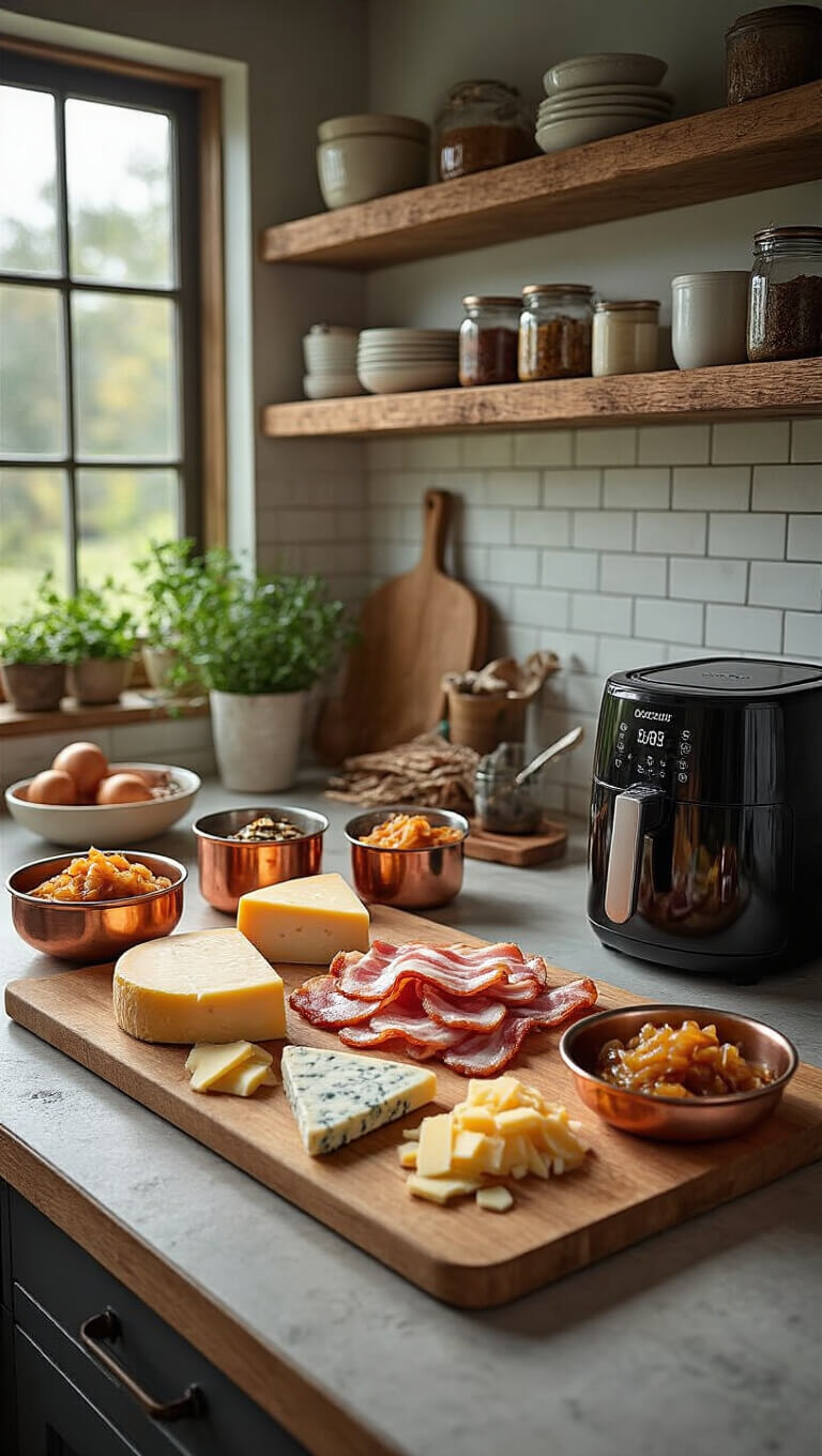Contemporary farmhouse kitchen with rustic cutting board, artisanal ingredients, and air fryer under moody late afternoon lighting.