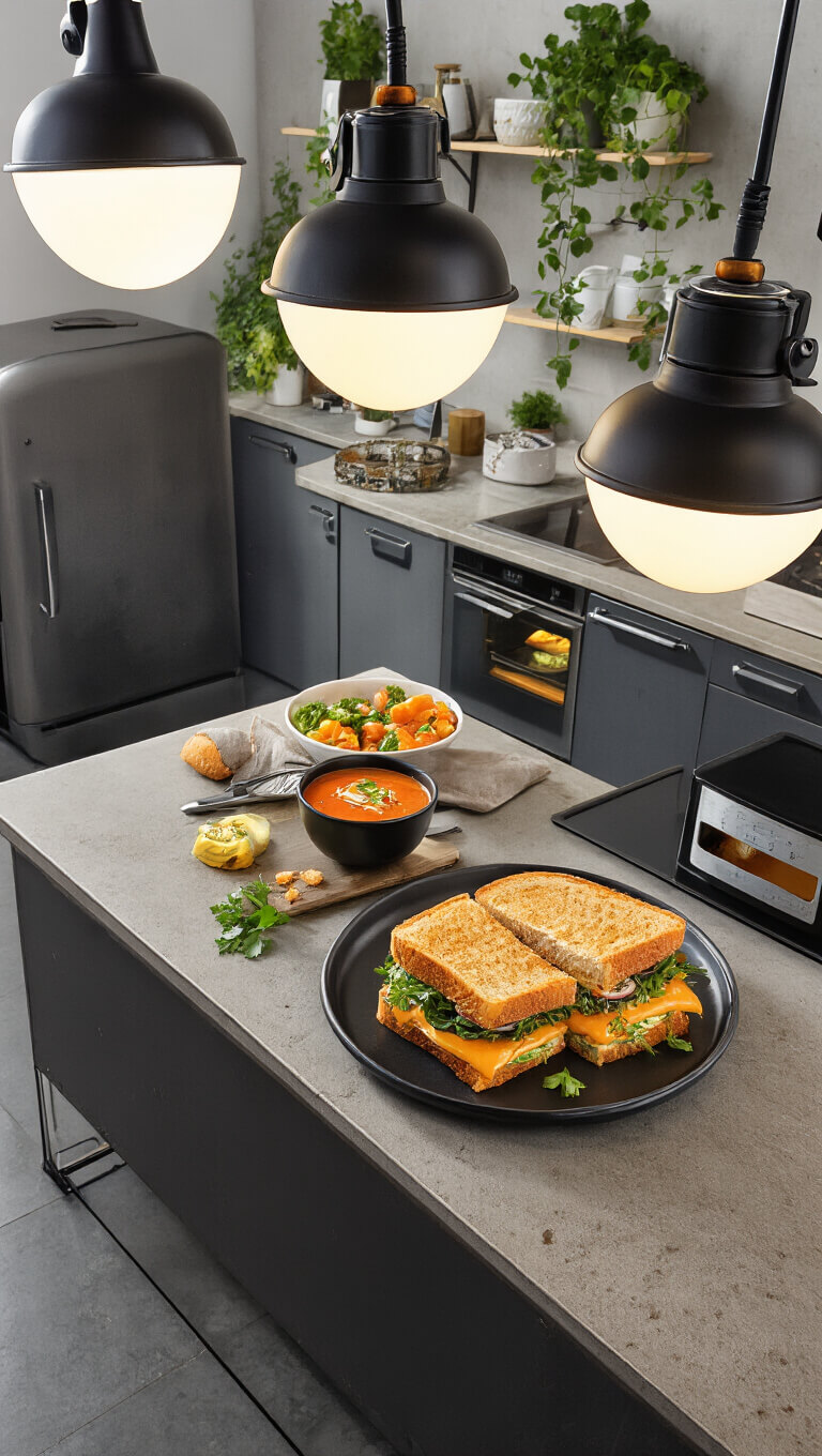 Bird's eye view of a sliced sandwich with melted layers on a matte black plate, styled alongside soup and garnishes on an industrial-chic kitchen island under soft overhead lighting.