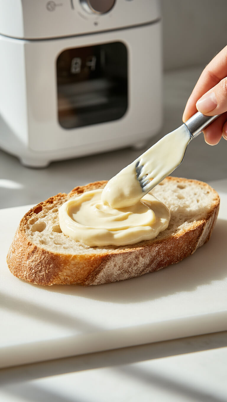 Close-up of mayo being spread on crusty sourdough in bright white kitchen with morning shadows, air fryer blurred in background.