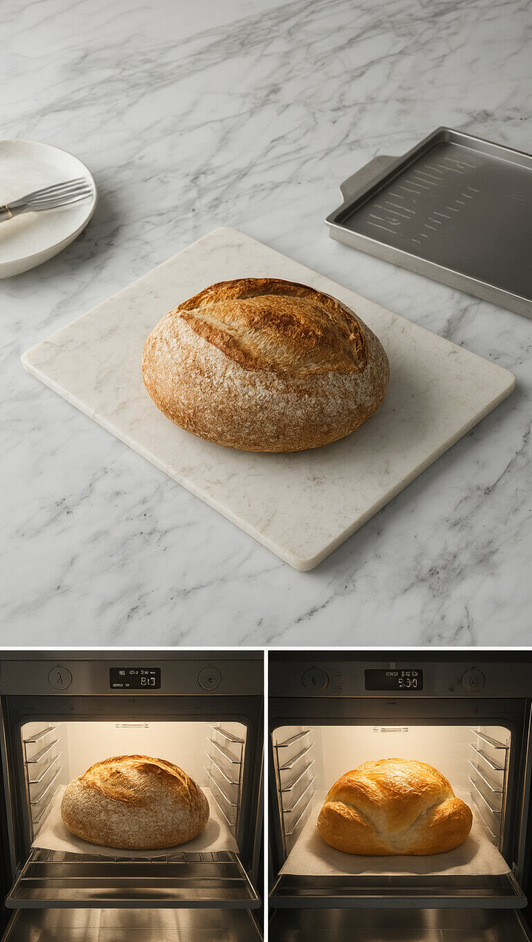 Triptych image of a bright, modern kitchen with marble counters showing step-by-step bread toasting process: setting toaster temperature, placing bread, and final toasted slice, under clinical, diffused daylight.
