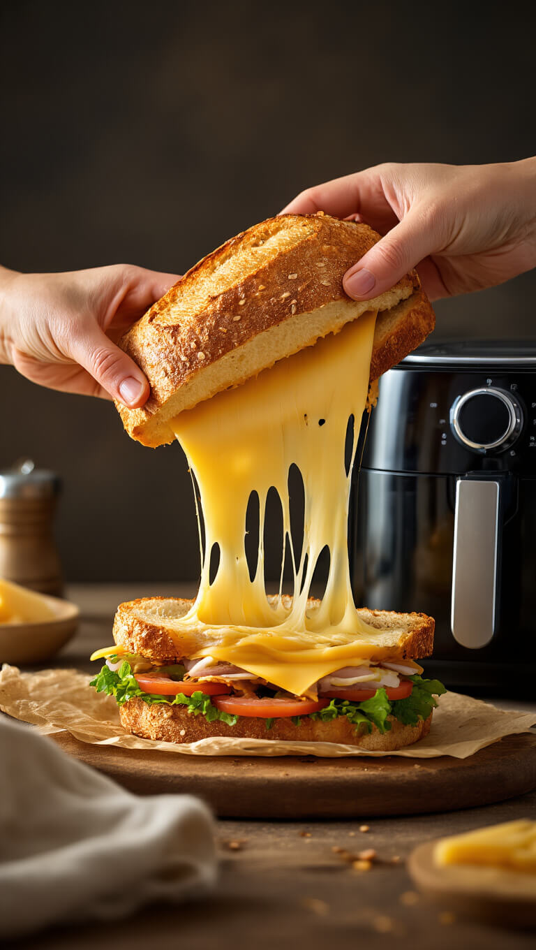 Hands pulling apart a melted cheese sandwich in a rustic kitchen at golden hour, with dramatic cheese pull and air fryer in background, blurred with f/1.8 bokeh effect.