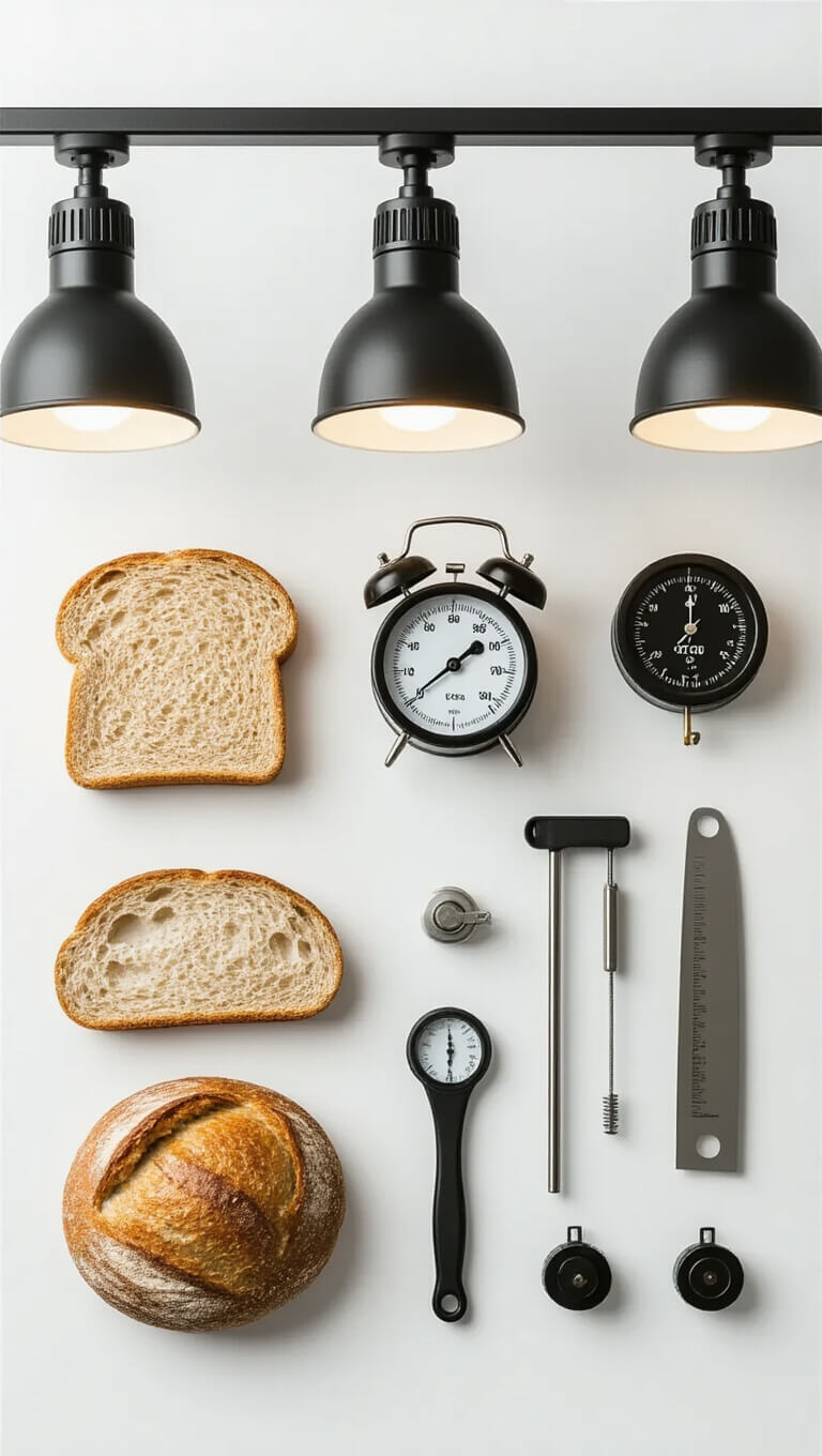 Flat-lay of professional kitchen setup with overhead track lighting, displaying bread thickness samples, temperature gauge, and timing guide on white background for instructional clarity.
