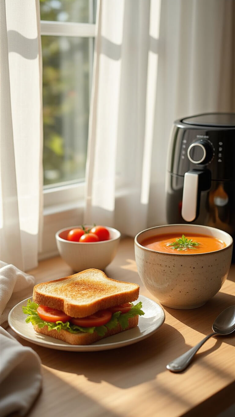 Sunlit breakfast nook with morning light, featuring crispy sandwich, tomato soup in artisanal bowl, fresh garnishes, and air fryer in background.