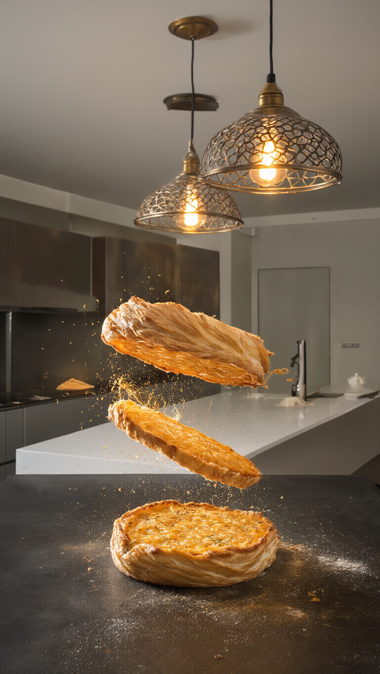Chef flipping food on kitchen island under dramatic pendant lights; high-speed shot highlights golden crust and texture with specialized tools.