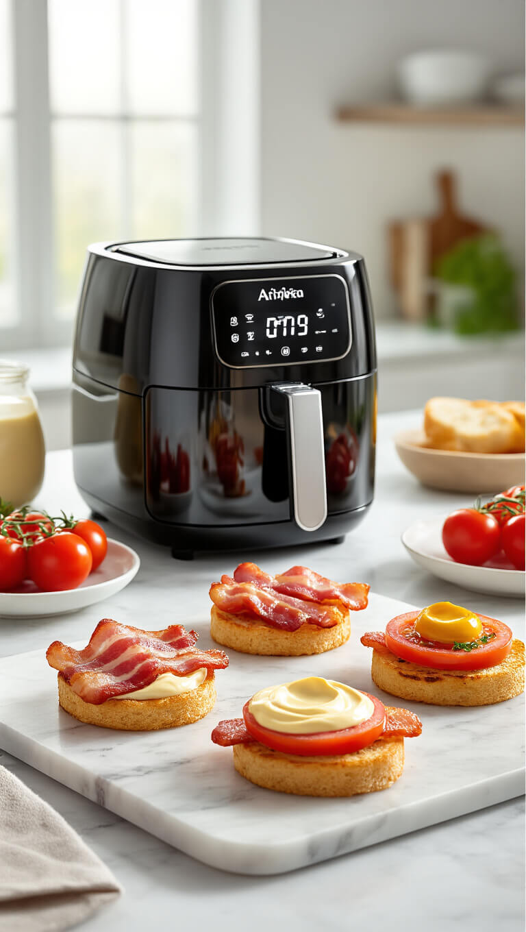 Gourmet bacon, aioli, and tomato dishes styled on marble in elegant kitchen with air fryer under afternoon light.