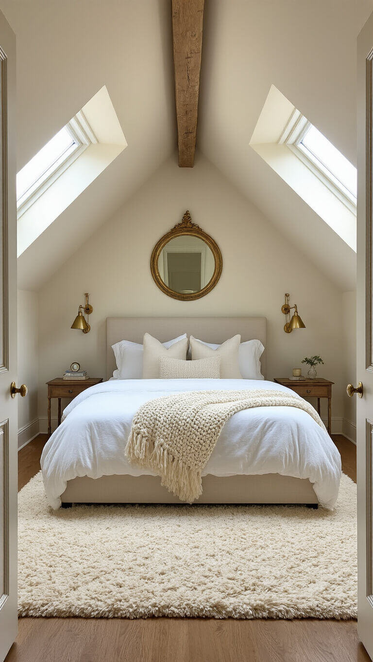 Sunlit attic bedroom with sloped ceilings, queen bed under peak, ivory rug, dormer windows, brass sconces, and cozy hygge decor.