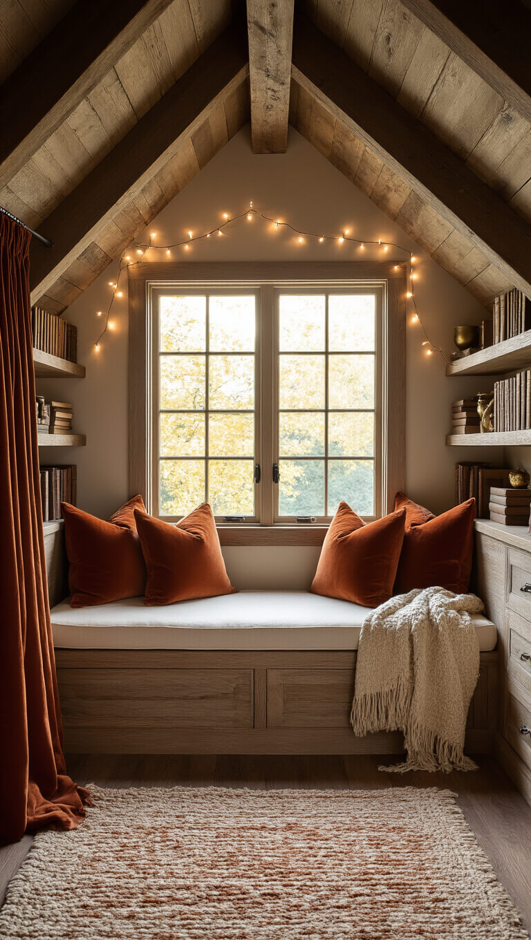 Cozy attic reading nook with window seat, cream cushions, rust pillows, floating shelves of books and brass decor, string lights on wooden beams, and golden hour light casting shadows.