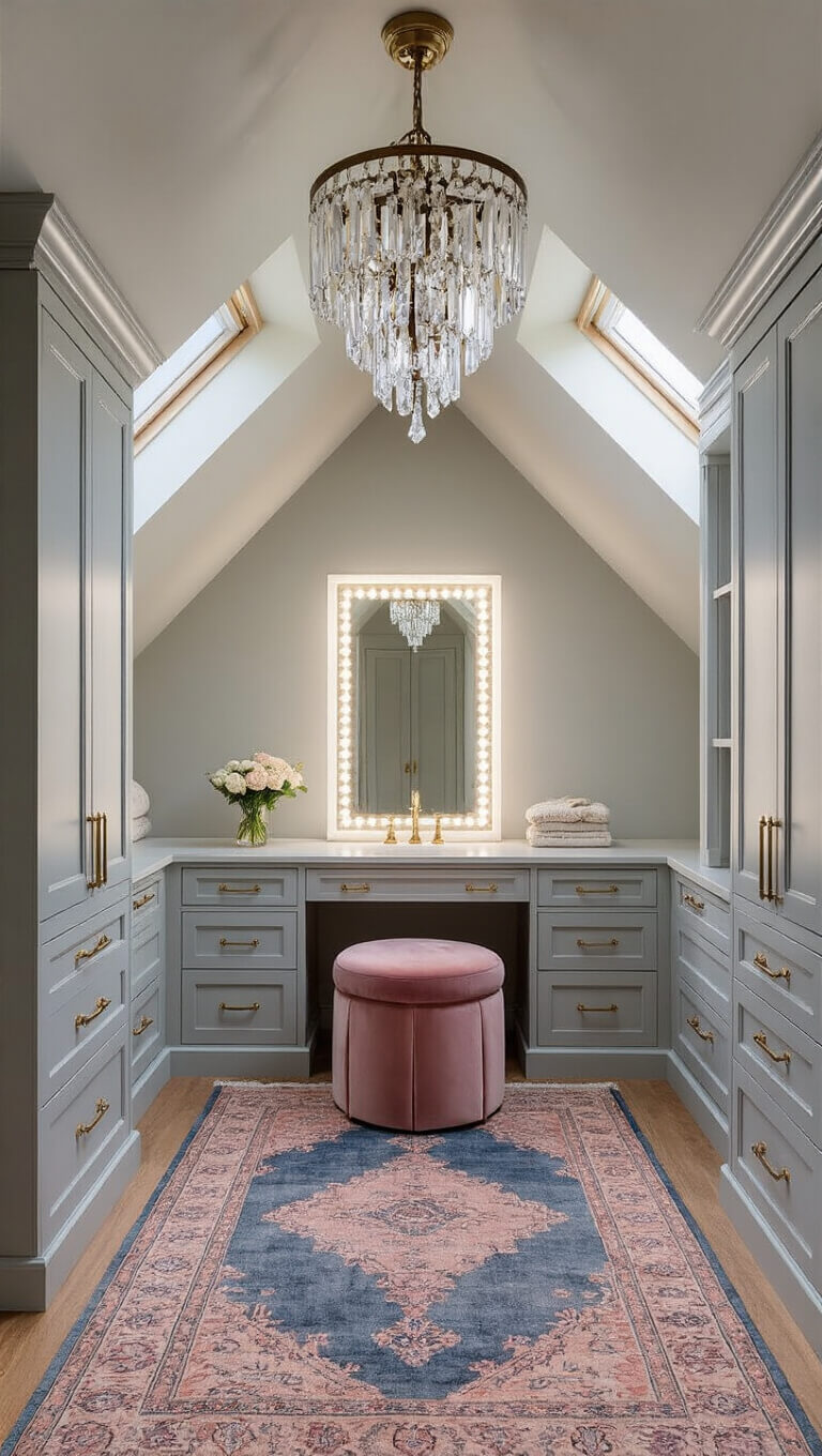 Luxurious attic dressing room with soft gray built-in wardrobes, vintage Persian rug, Hollywood-style vanity under dormer window, and dusty rose velvet ottoman under crystal chandelier.