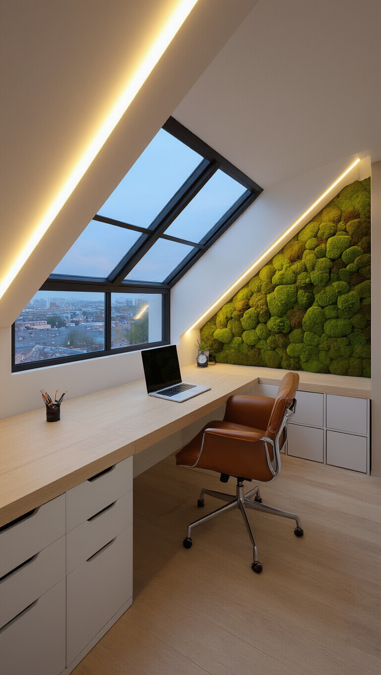Minimalist attic workspace with floating oak desk, cognac leather chair, LED-lit sloped ceiling, large industrial window, white storage cubes, and moss wall art at dusk.