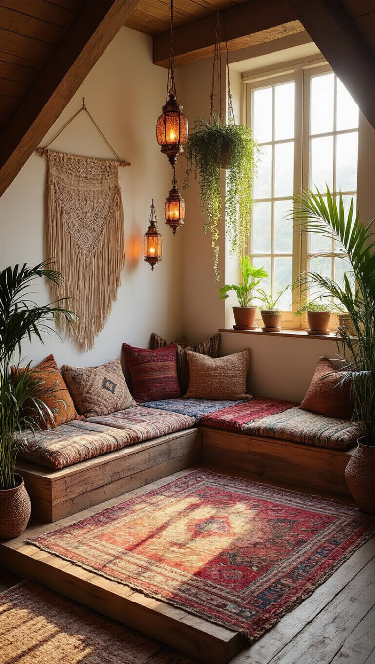 Bohemian attic meditation corner with layered Kilim rugs, jewel-tone cushions, macramé wall hanging, copper lanterns, potted plants, and crystals glowing in sunrise light.