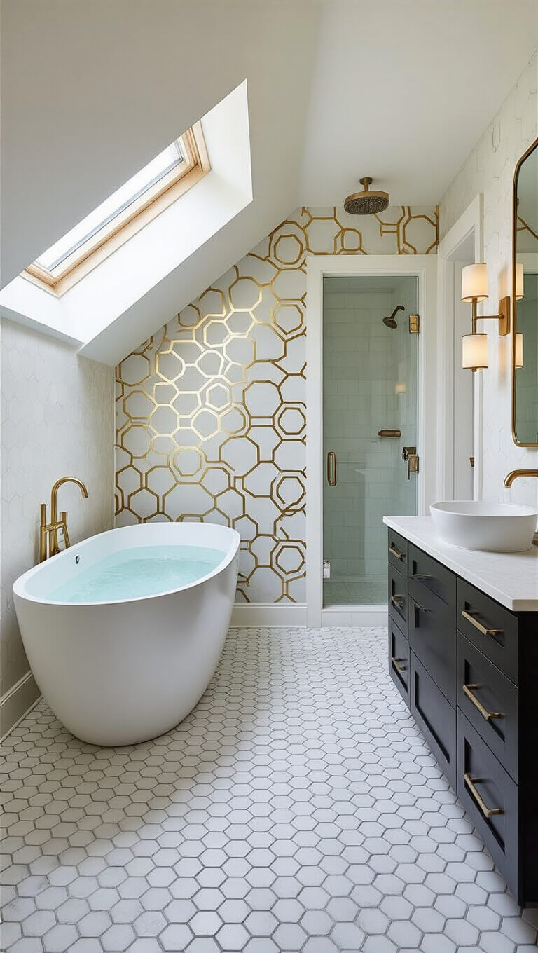 Luxurious contemporary attic bathroom with freestanding oval tub under skylight, hexagonal marble tile floor, matte black floating vanity with vessel sink, frameless glass shower, gold sconces, and metallic geometric wallpaper accent wall.