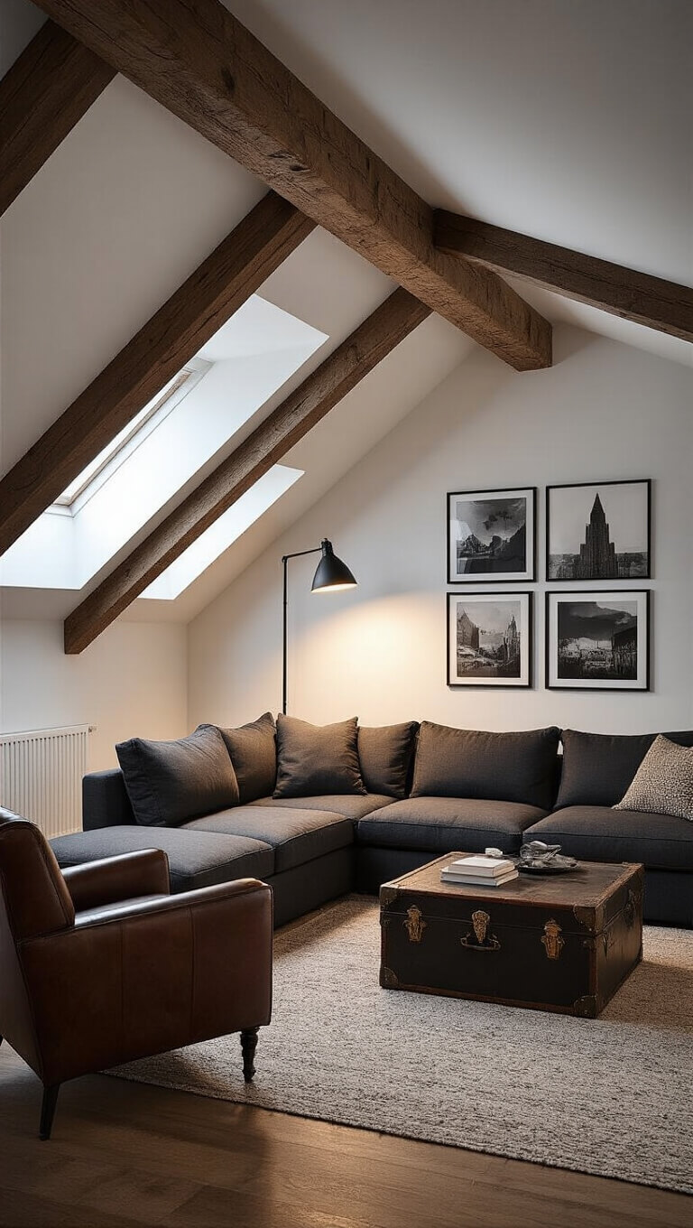 Rustic-modern attic lounge with exposed beams, charcoal sectional, leather armchair, vintage trunk coffee table, and gallery wall in moody twilight lighting.