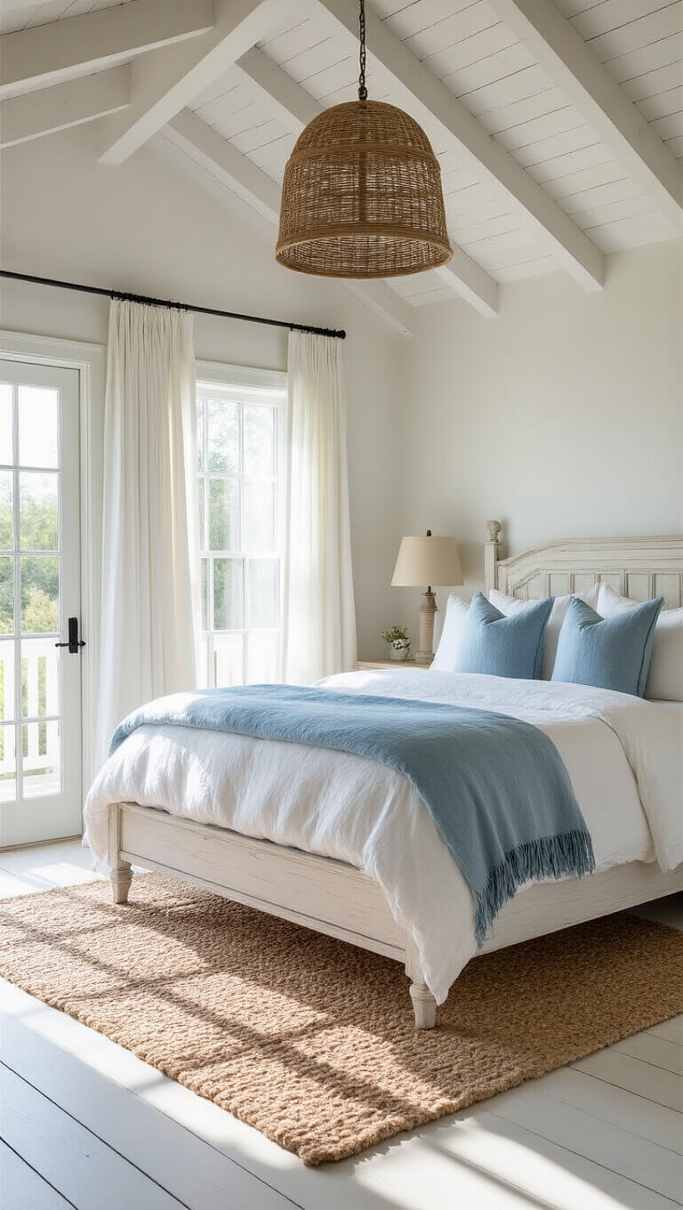 Serene 14x16 master bedroom with whitewashed wood bed, ocean-blue pillows, vaulted ceiling, rattan pendant, and morning light through linen curtains.