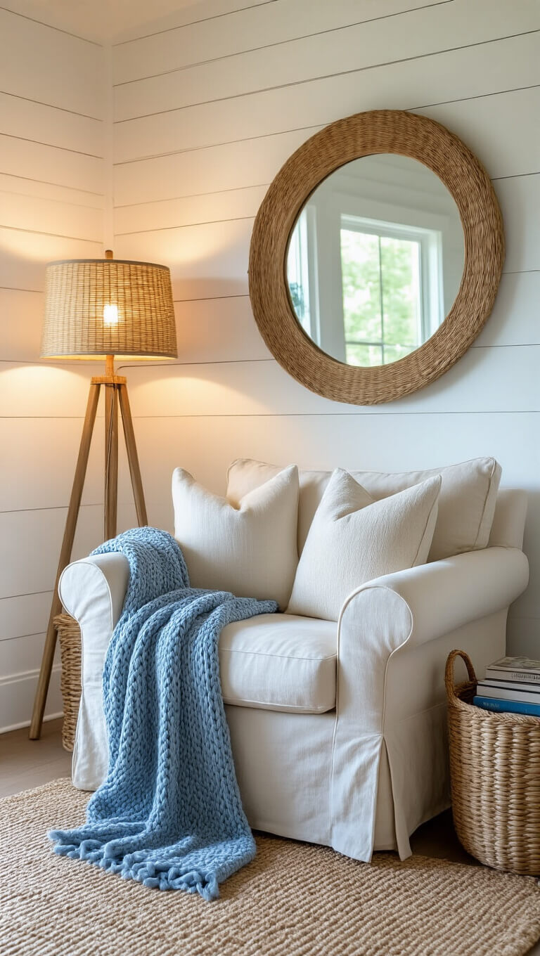 Cozy corner reading nook with cream armchair, coastal blue throw, books in seagrass basket, rattan lamp, and driftwood mirror in soft golden hour light.