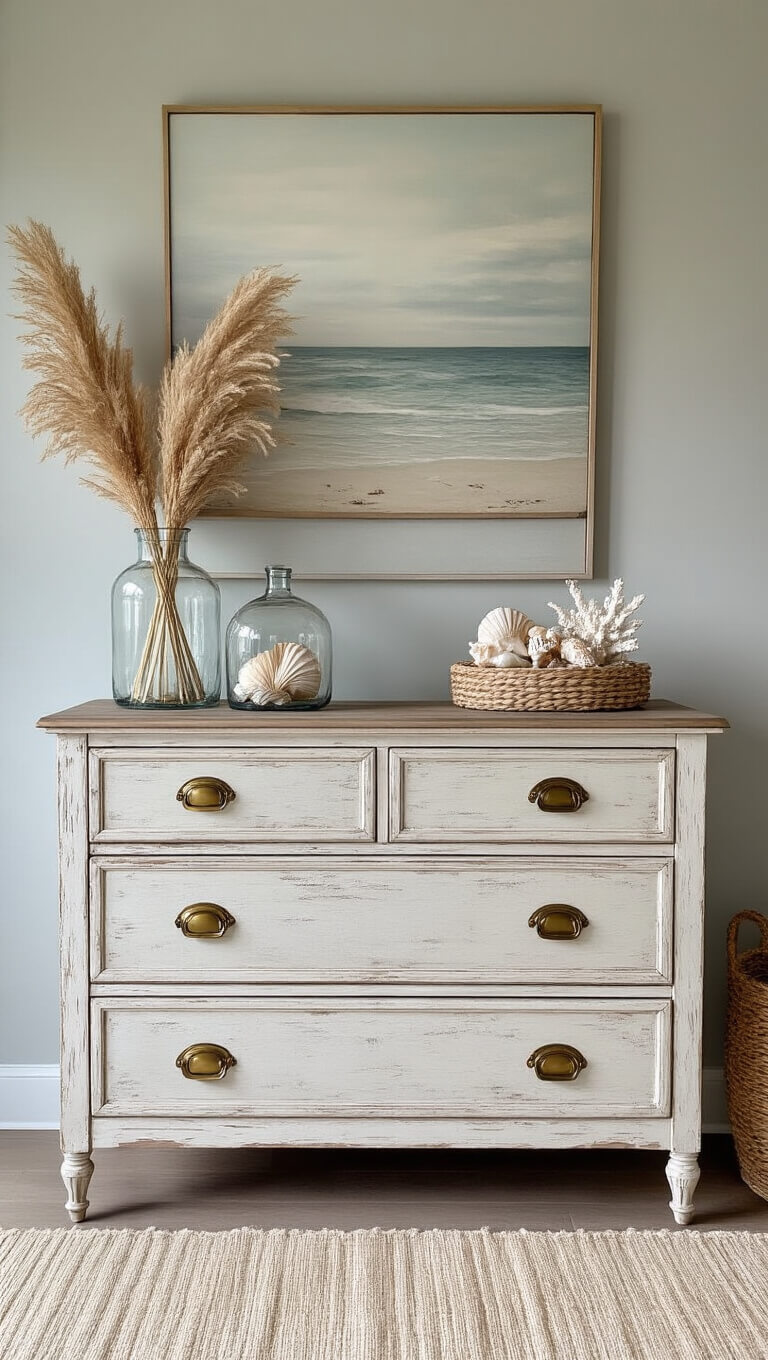 Distressed white 6-drawer dresser with vintage brass hardware, styled with coastal decor and artwork, shot at dusk.