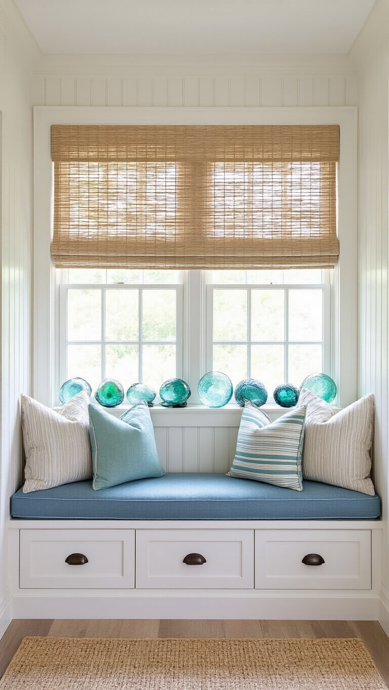 Cozy window seat with coastal blue cushions, layered beach-toned pillows, white beadboard cabinets, and vintage glass floats on the windowsill in filtered afternoon light.