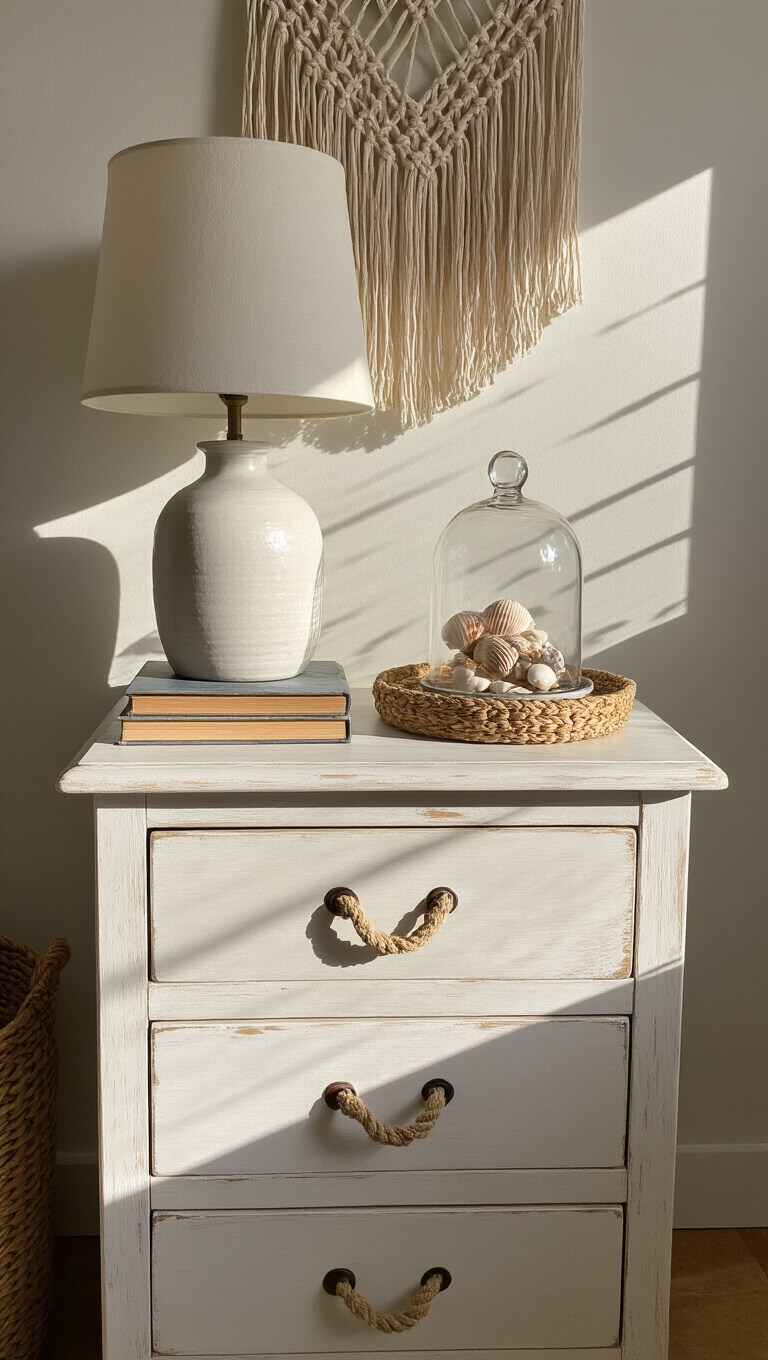 Sunlit white nightstand with ceramic lamp, vintage books, glass cloche of shells, and woven tray, beneath macramé wall hanging.