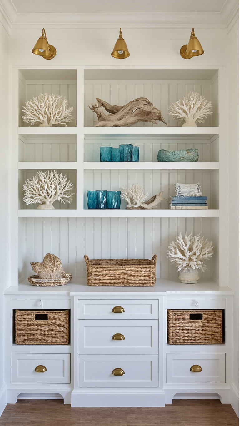 White built-in storage wall with beadboard backing, open shelves displaying coastal decor including white coral, driftwood, and vintage blue glass, seagrass baskets in lower cabinets, and brass library lights above.
