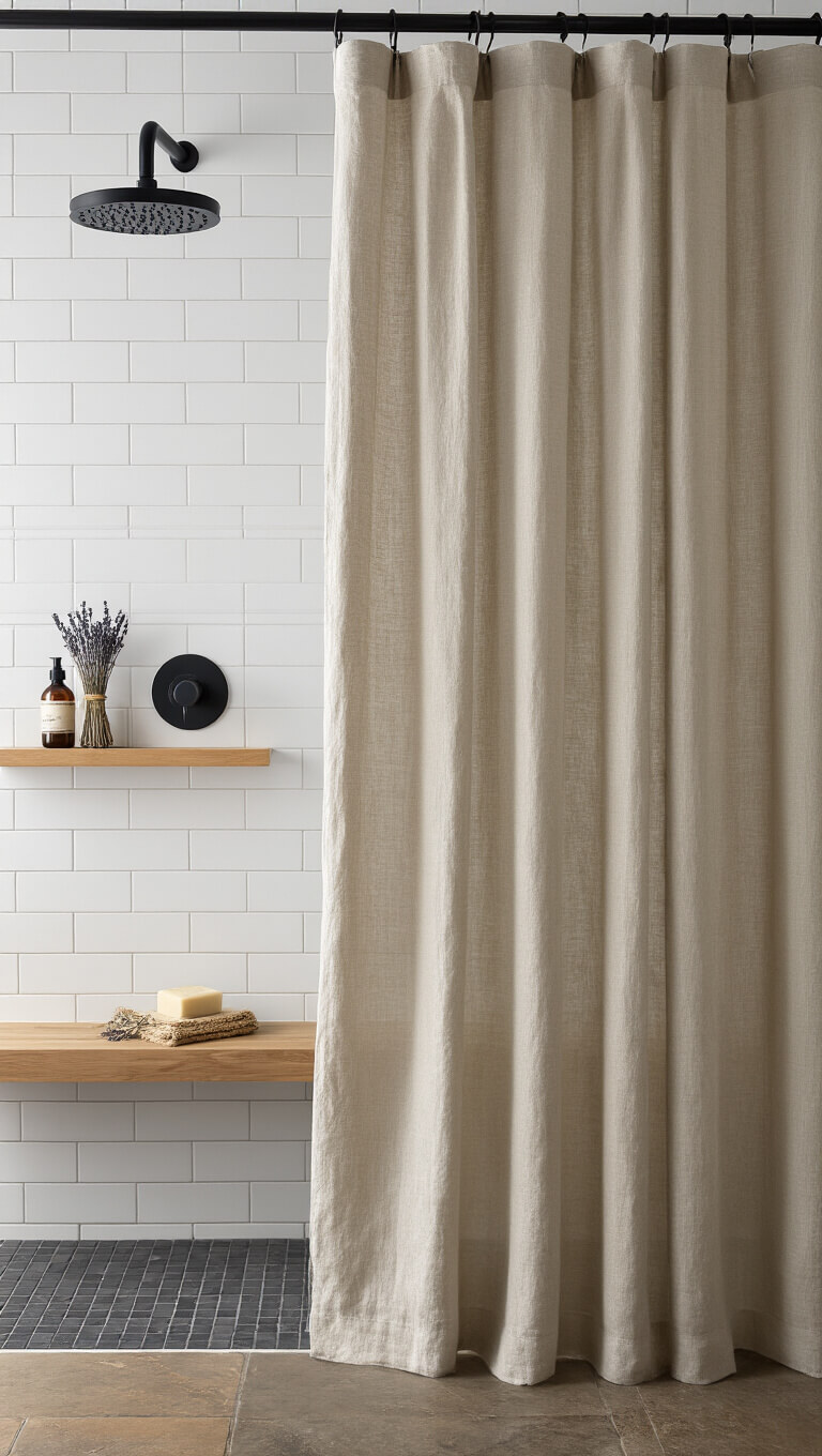 Morning shower with oatmeal linen curtain, black rainfall showerhead, white subway tiles, cedar shelf with soap and lavender, stone and wood-look flooring, and soft daylight with steam.