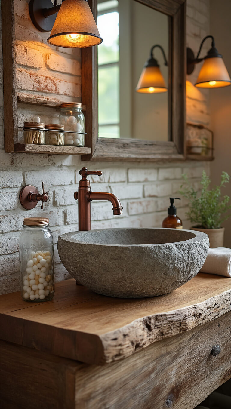 Rustic bathroom vanity with stone sink, copper faucet, and mason jar organizers on whitewashed brick wall, captured in warm evening light.