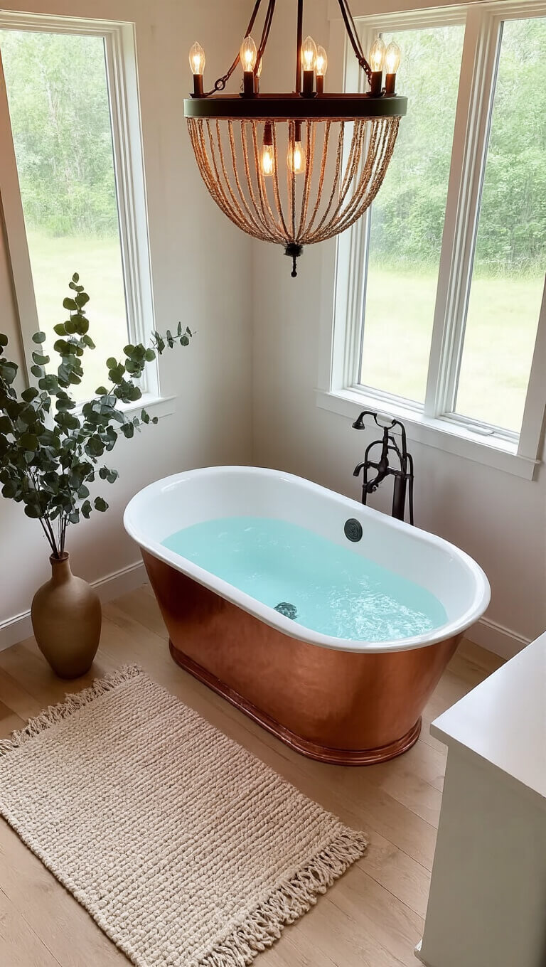Overhead view of copper soaking tub in 6x8ft nook with chandelier lighting, white oak floors, wool rug, and eucalyptus arrangement.