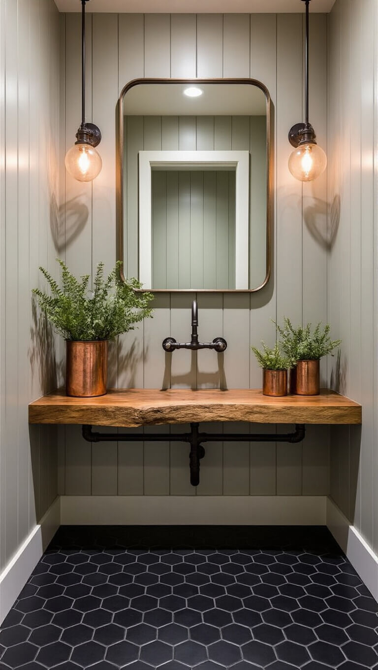 Intimate powder room with black hexagon tile floor, greige vertical shiplap walls, live-edge wood shelf, vintage brass mirror, globe sconces, and copper vases with preserved botanicals.