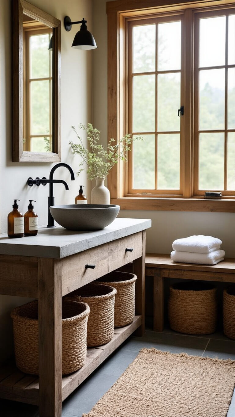 Spa-like bathroom vanity with concrete sink on reclaimed wood, black faucet, vintage bottles, jute rug, and morning light streaming through privacy window.