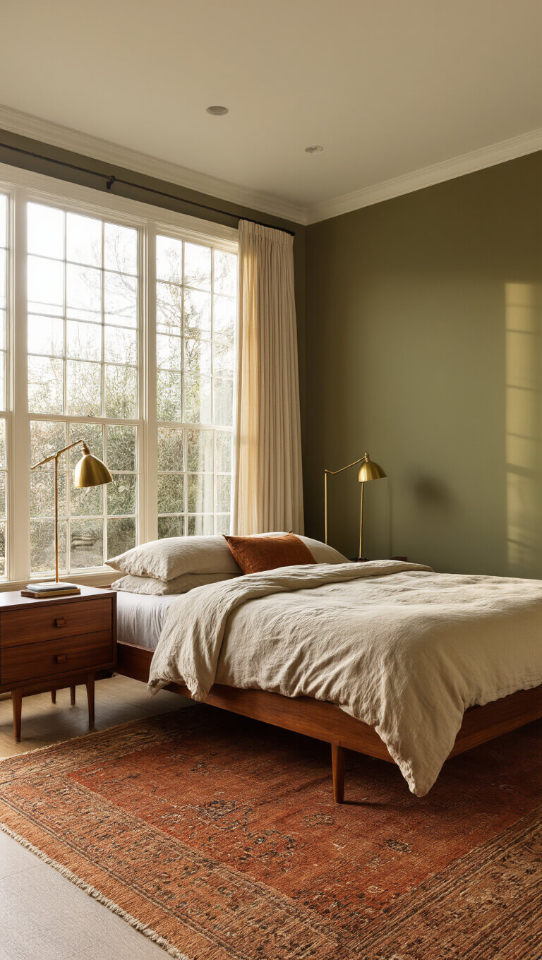 Warm golden hour light fills a stylish mid-century modern bedroom with a walnut platform bed, oatmeal linen bedding, vintage brass floor lamp, and olive green accent wall.