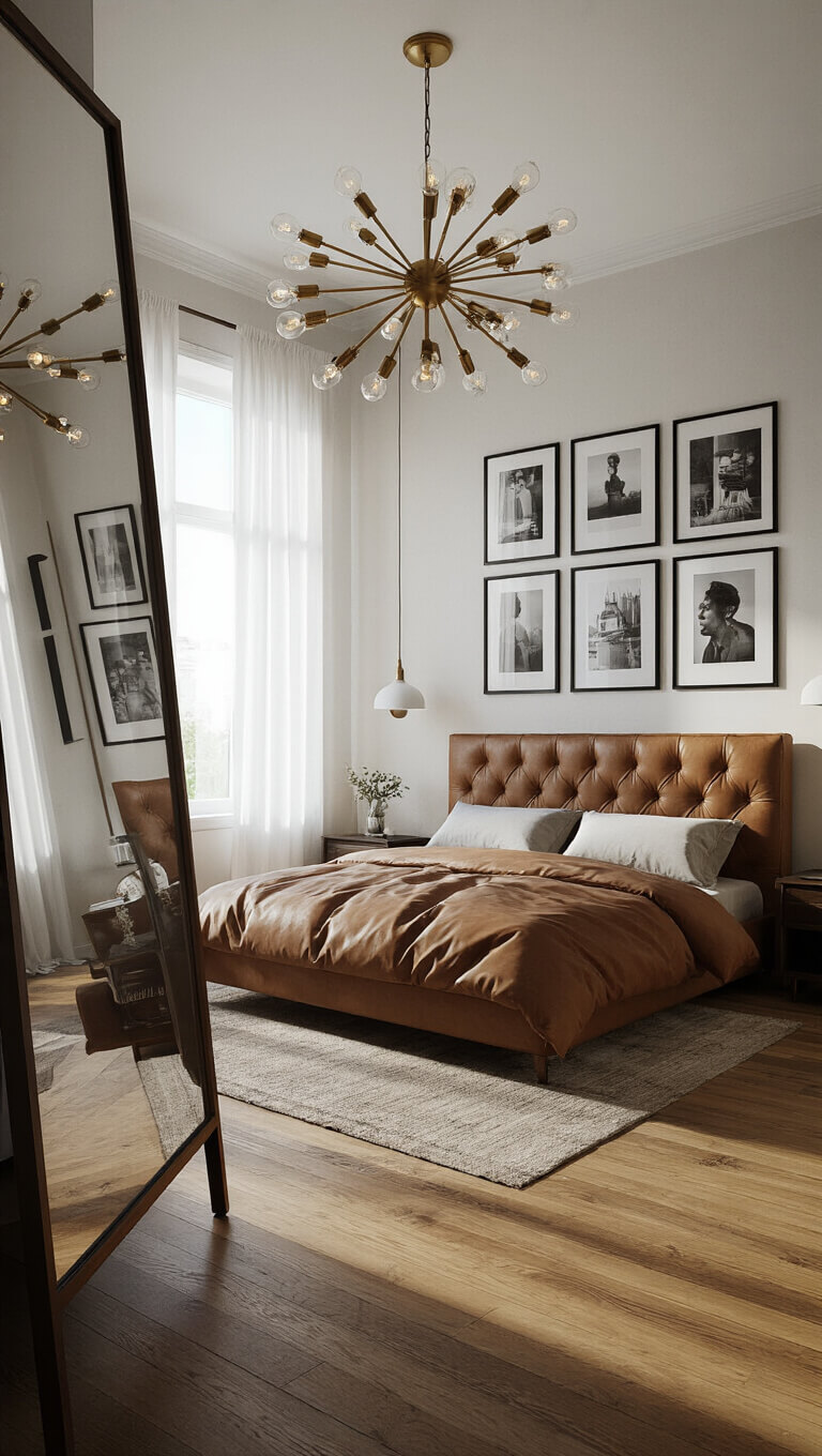 Vintage modern bedroom with honey oak floors, sputnik chandelier, cognac leather bed, and gallery wall reflected in large mirror.