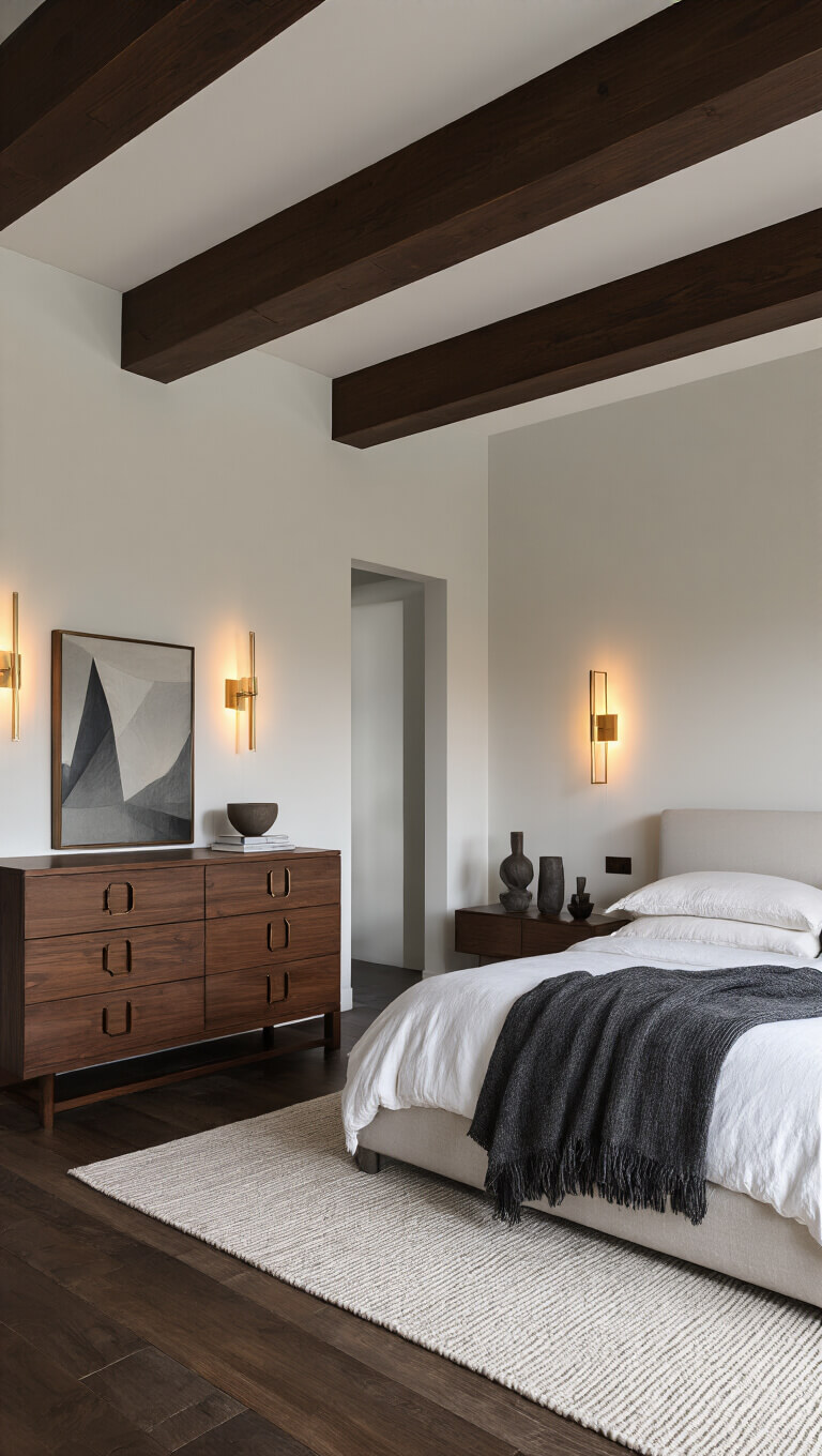 Modernist primary bedroom with dimmed brass sconces, walnut dresser, white linen bedding, and geometric decor viewed from above.