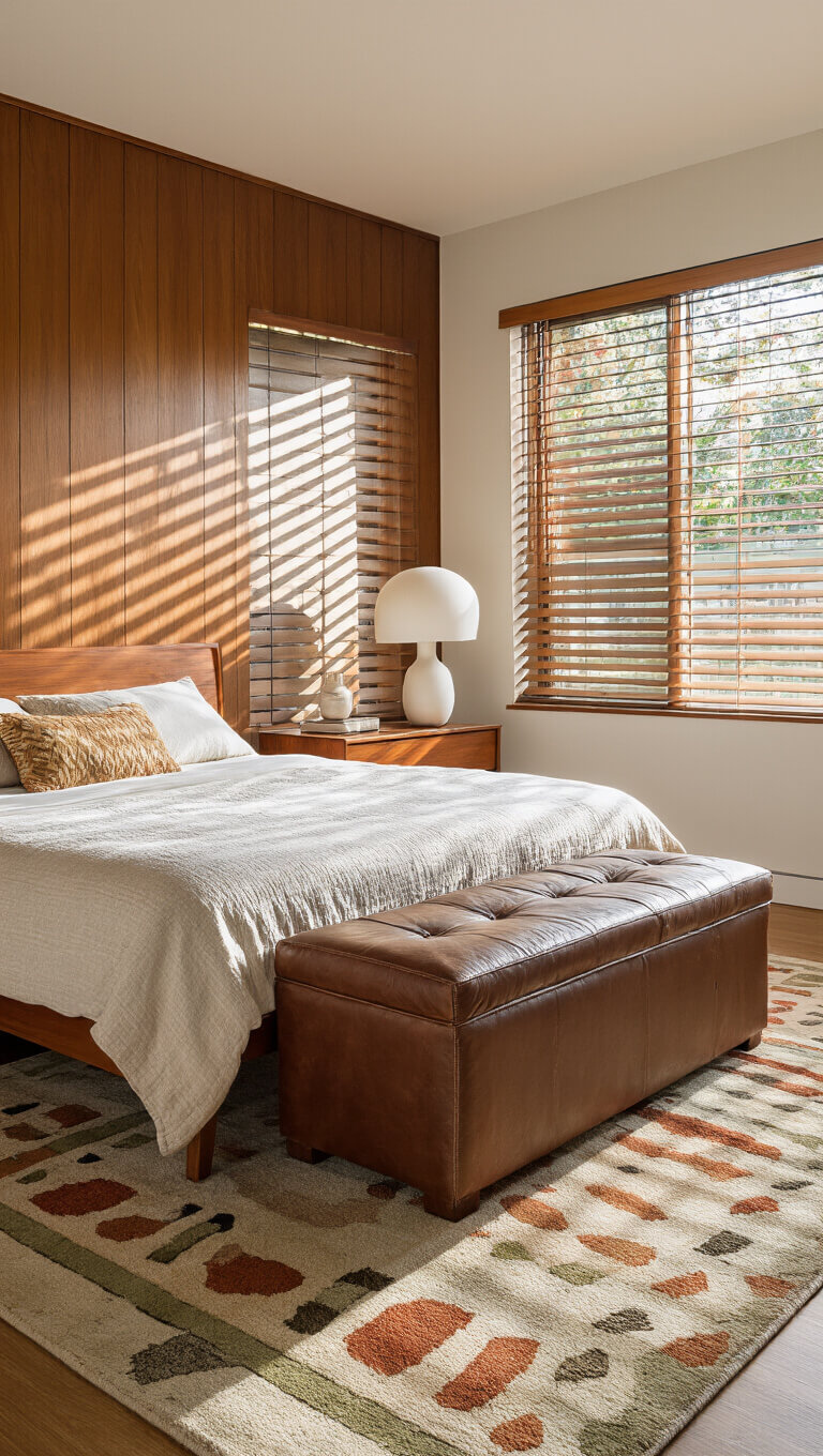 Midcentury modern 12x14ft bedroom with teak platform bed, matching bedside tables, ceramic lamps, abstract rug, and vintage leather ottoman, lit by afternoon sun through slatted blinds.