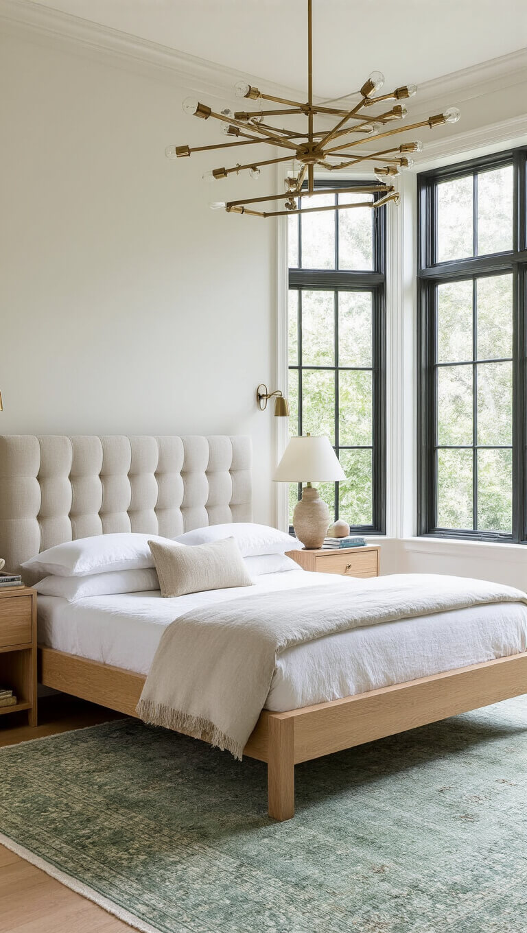 Airy corner bedroom with light oak platform bed, linen tufted headboard, vintage jade rug, and brass chandelier in soft morning light.