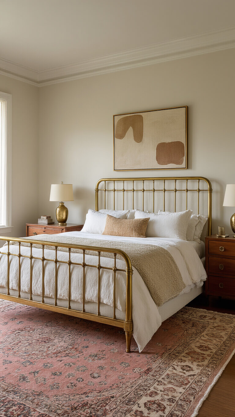 Vintage-inspired luxe bedroom with brass bed, Persian rug, and crown molding in warm afternoon light.